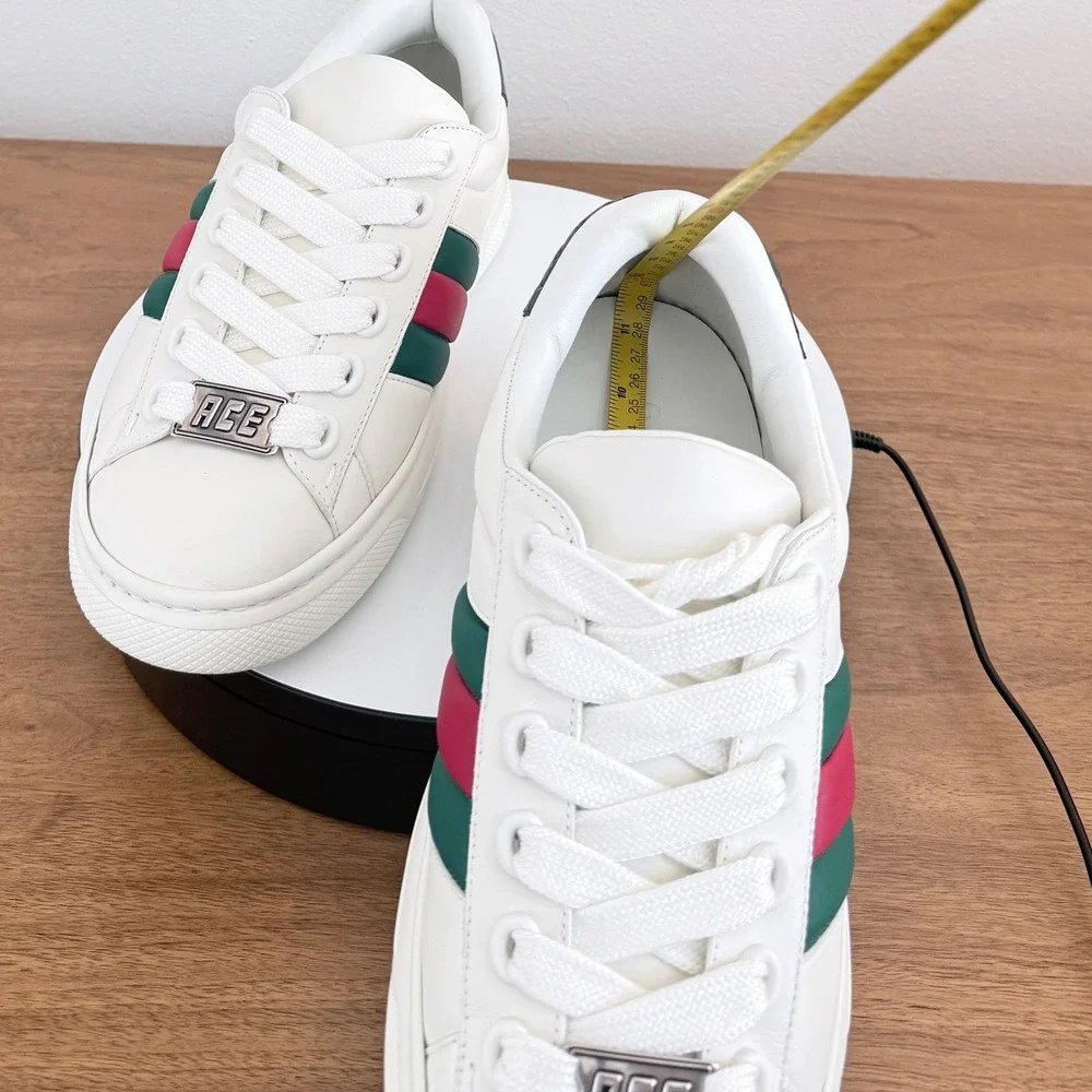 Gucci Ace White Leather Web Stripe Sneakers Green Croc Heel 791394 Mens UK 9